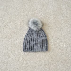 AEO Grey Knit Furry Pom Pom Beanie